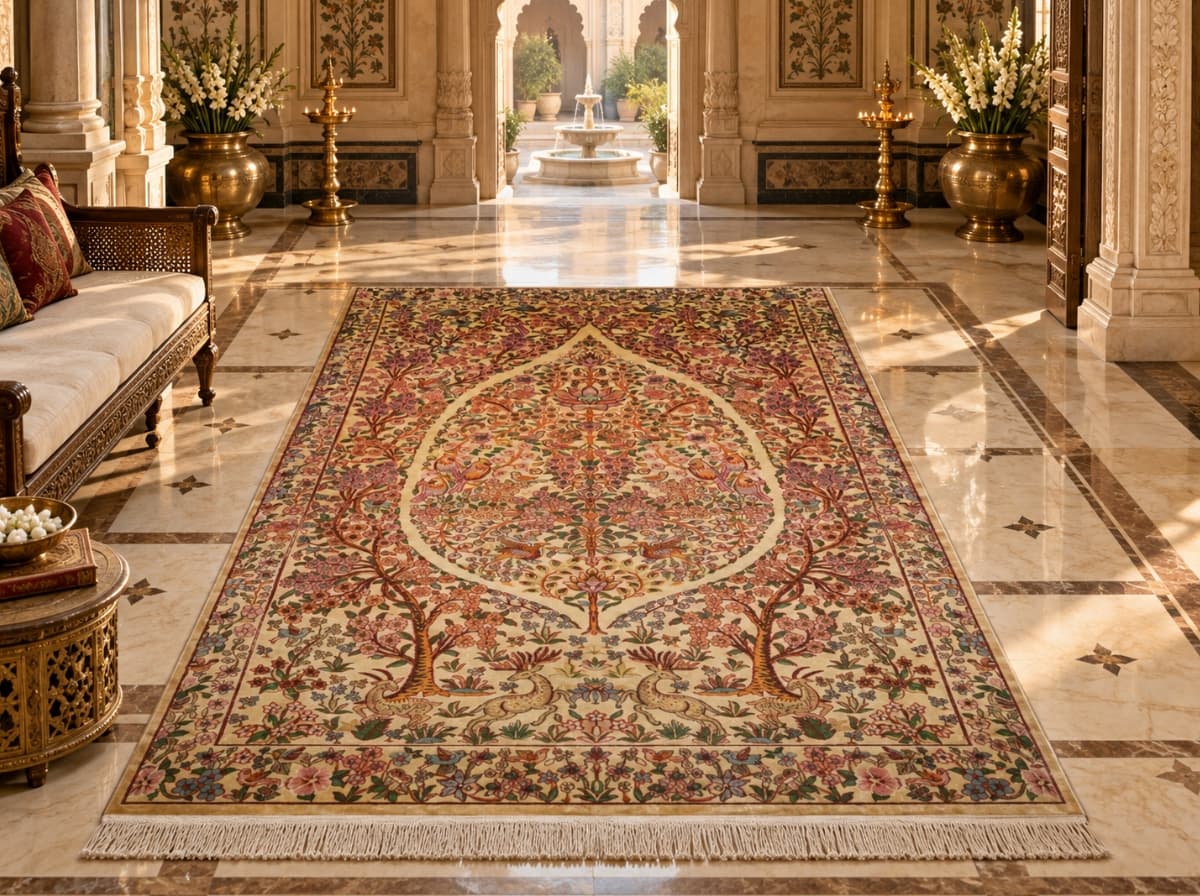 Handcrafted Indian Silk Carpets — Persian floral medallion design
